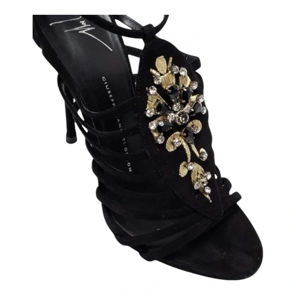 🍸GIUSEPPE ZANOTTI🍸Sexy Black Crystal Embellished T-Bar Sandal Heel - Picture 7 of 12